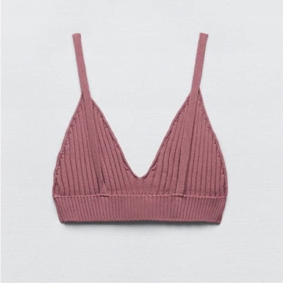 Zara NWT Ribbed Knit Cropped Top Bralette Size M Burgundy Maroon Triangle Crop - Picture 2 of 3